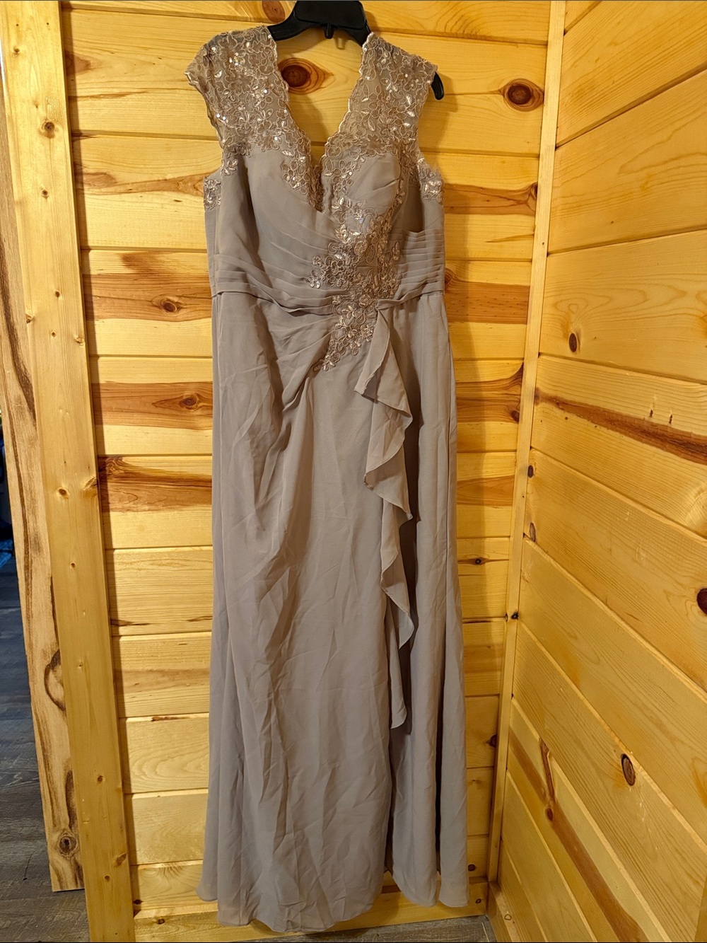 Elegant Taupe Lace-Embellished Evening Gown